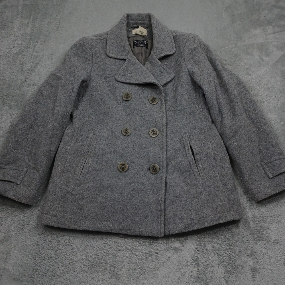 LL Bean Coat Womens 8 Petite Gray Wool Double Breasted Wool Pockets Bellandi